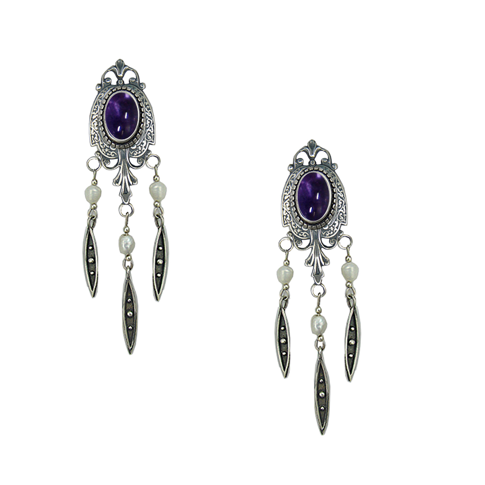 Sterling Silver Victorian Style Drop Dangle Earrings With Iolite